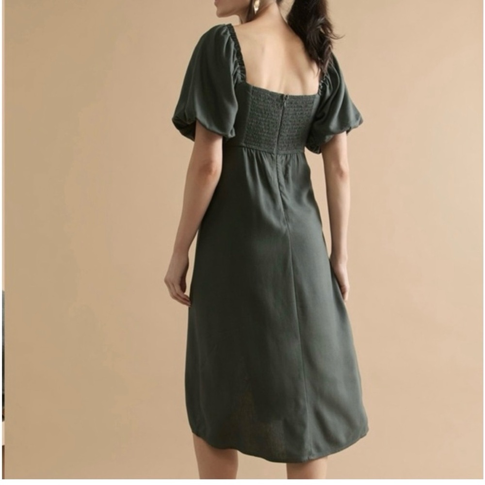 Mi Ami For Francesca’s Elegant Olive Green Puff Sleeve Midi Dress – Square Neck - Picture 4 of 15